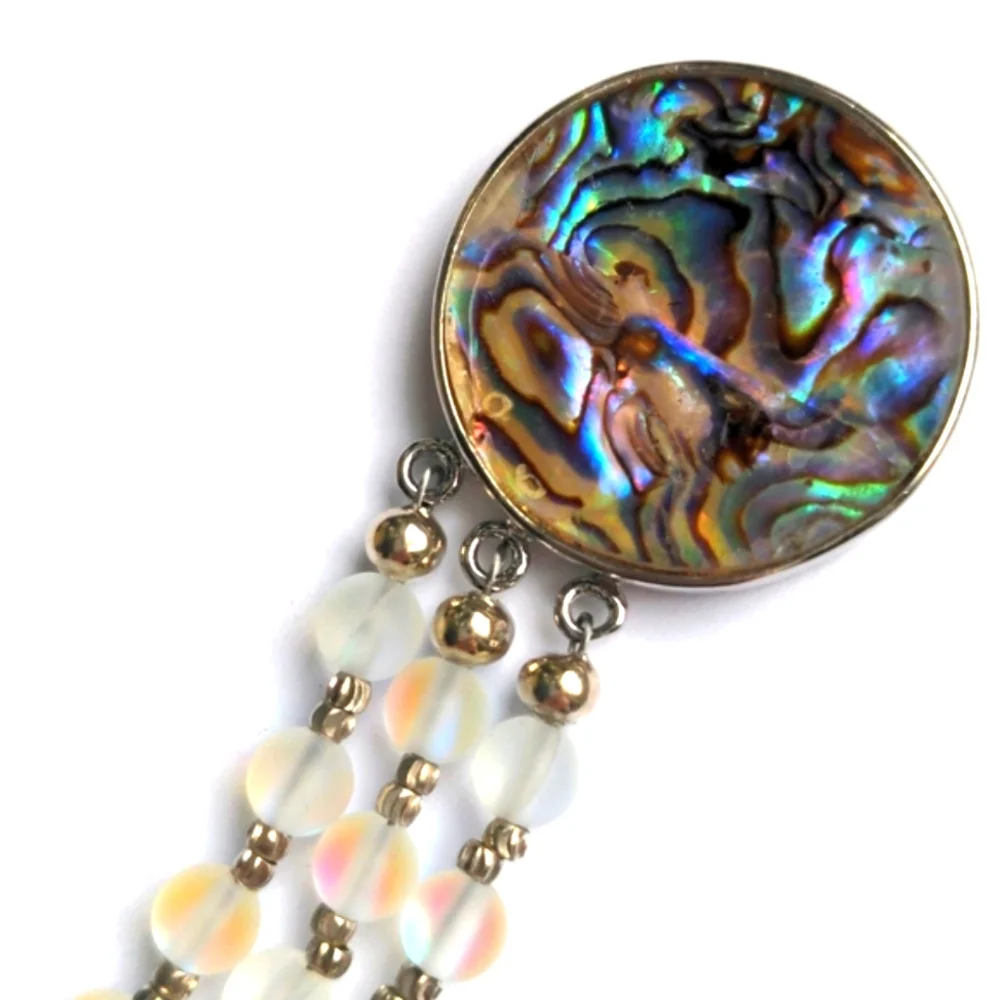Abalone & Iridescent Mermaid  Quartz Beaded Bracelet. 3 Strand. Silverplate, New
